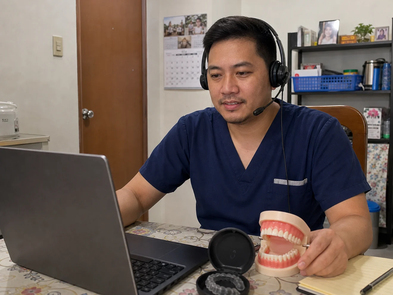 Filipino licensed dentist virtual assistant working from a modest dining-table home office with a laptop, headset, dental model, and notebook.
