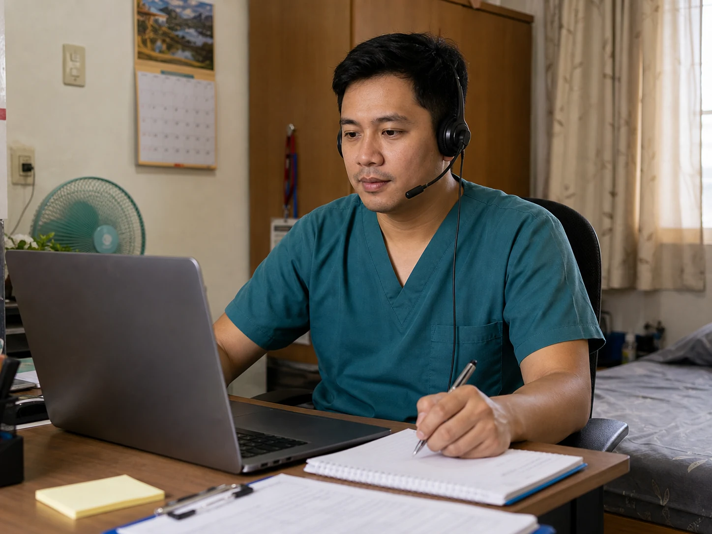 Filipino registered nurse virtual assistant working from a modest bedroom desk in the Philippines with a laptop, wired headset, paper checklist, and small fan.