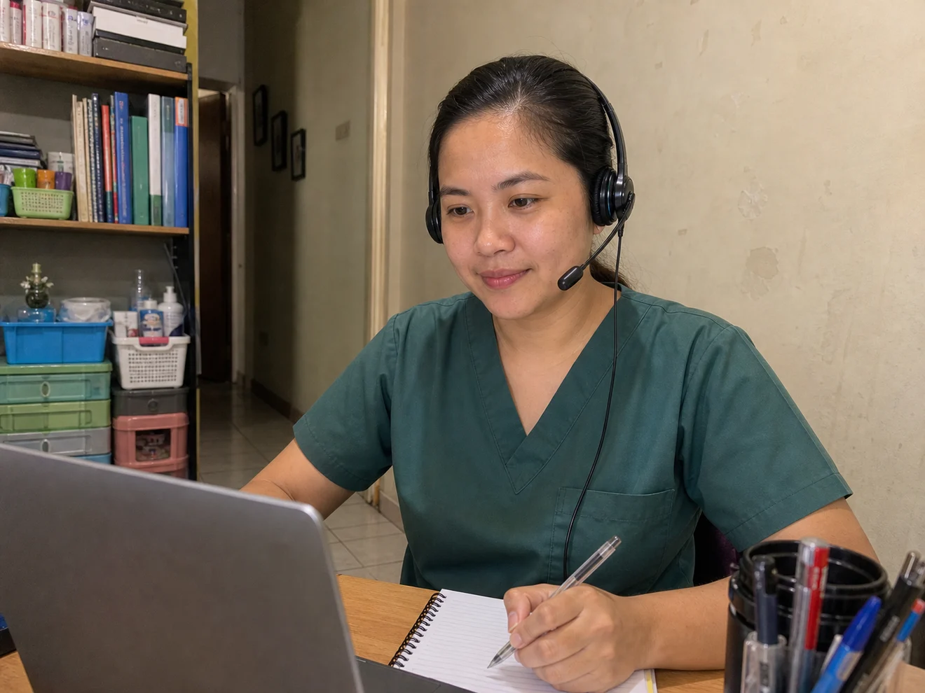 Filipino medical technologist virtual assistant working from a modest hallway work nook with a laptop and headset.