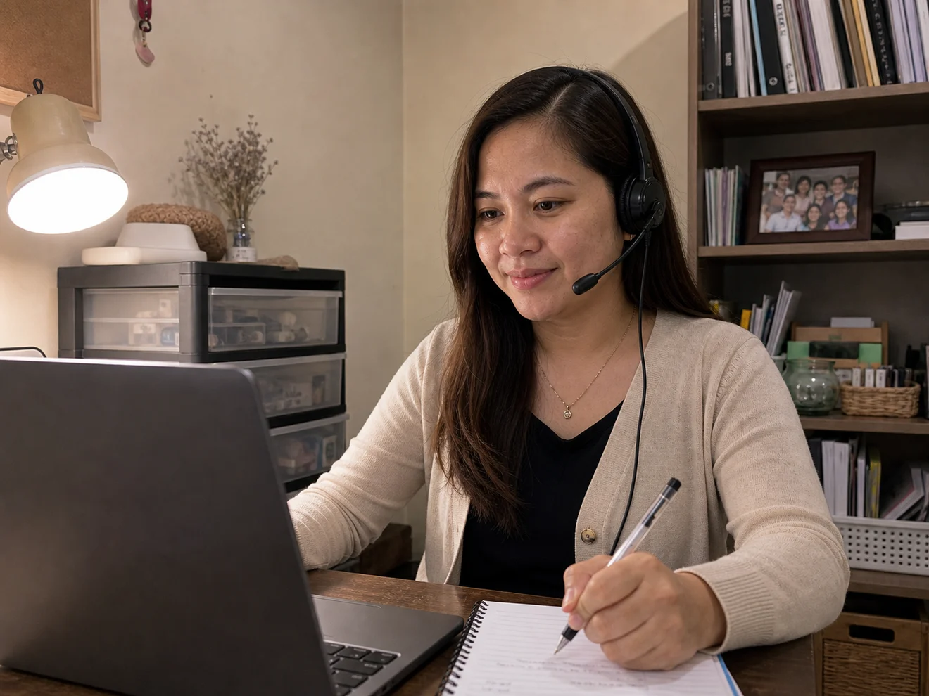 Filipino mental health intake coordinator working from a private apartment desk with a headset, laptop, lamp, and files.
