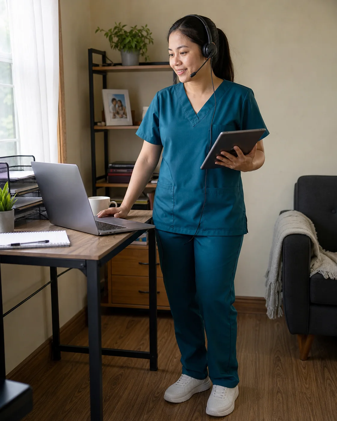 Filipino registered nurse virtual assistant in scrubs standing beside a home desk with a laptop, headset, and tablet.