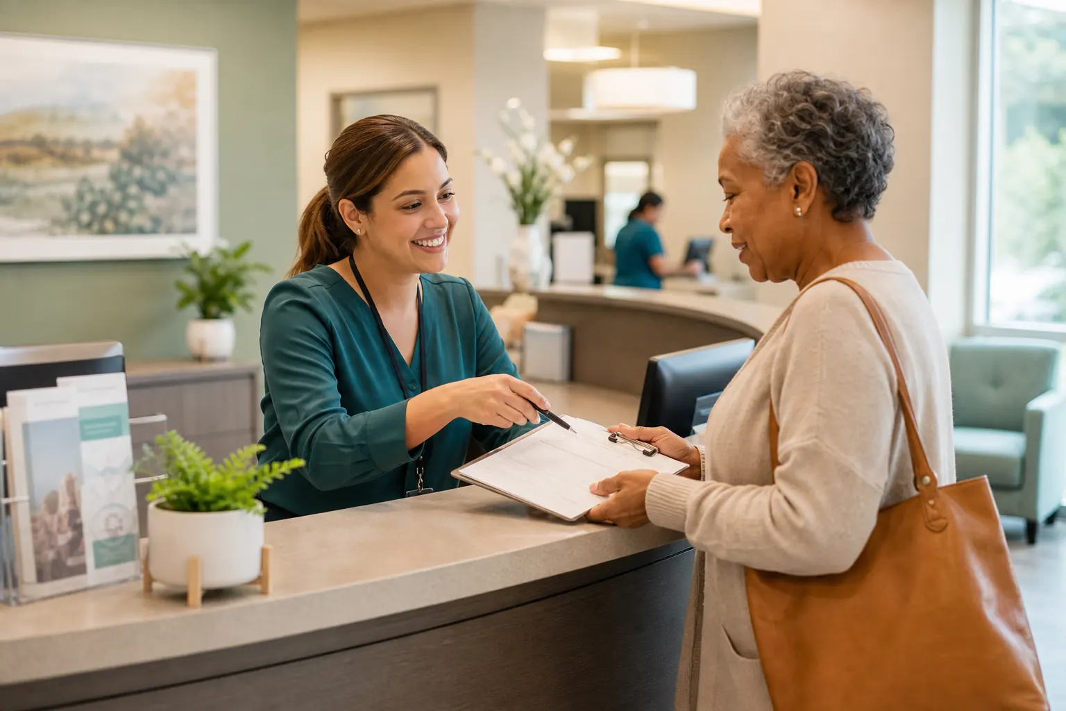Patient checking in at a modern clinic front desk while the practice team stays in control of patient-facing care.